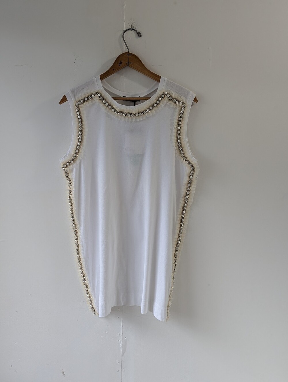 Twin-Set White Cotton Tank with Tulle and Pearl Bead Trim TS829W Size Medium NWT